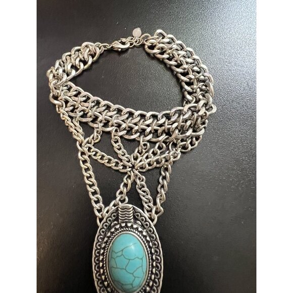 Vintage & Rare Silver Chain Bracelet and Finger Chain with Large Turquoise Stone - Picture 3 of 8